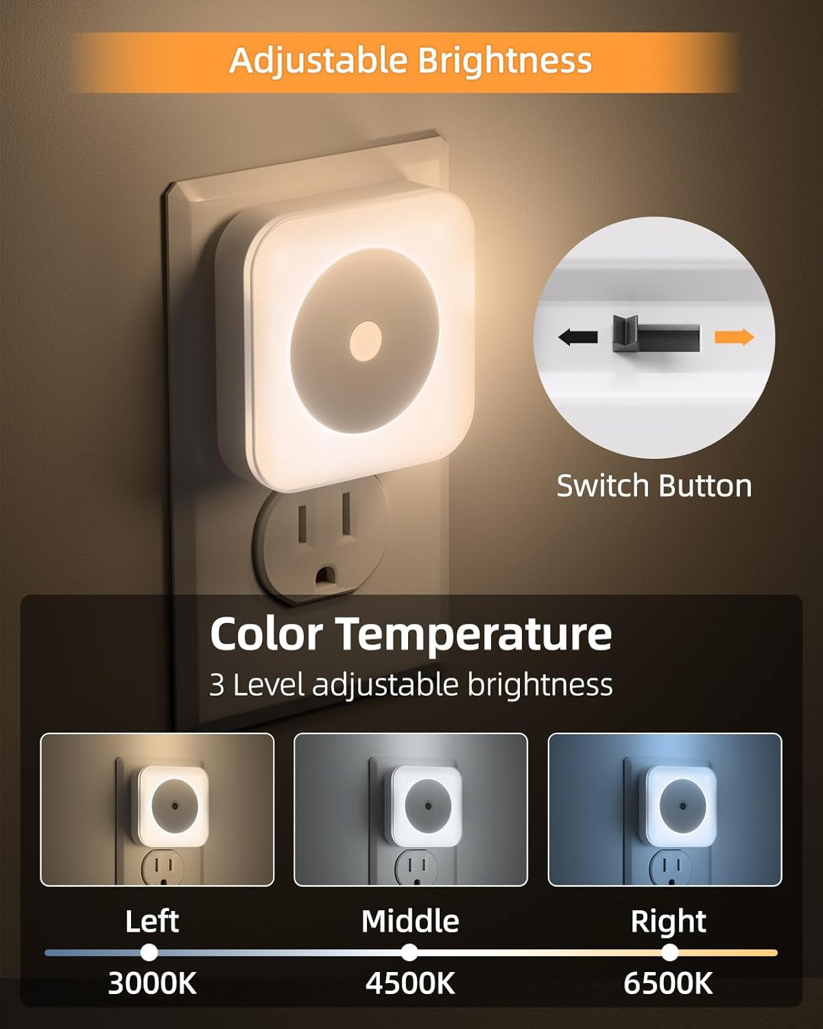 6-Pack LED Night Lights Plug into Wall,Bright Nightlight Auto-On/Off and Dimmabl