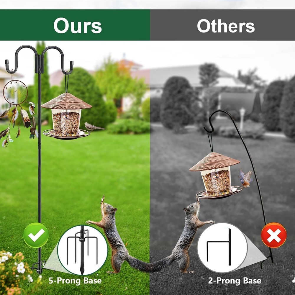 Black Double Shepherds Hook - 52 Inch Adjustable Bird Feeder Pole with 5 Pron...