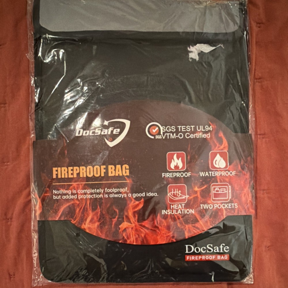 DocSafe Large Fireproof Waterproof Document Bag, 2 Pockets, Zipper, Black