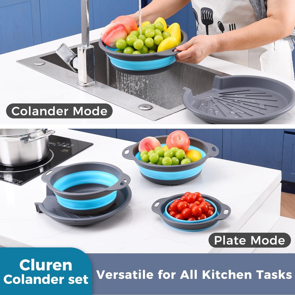 Collapsible Colander Set 3 Pack Foldable Strainers Gray-Blue Space Saving Base