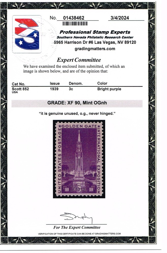 EXCEPTIONAL SCOTT #852 MINT PRISTINE OG NH  - PSE CERT GRADED XF-90