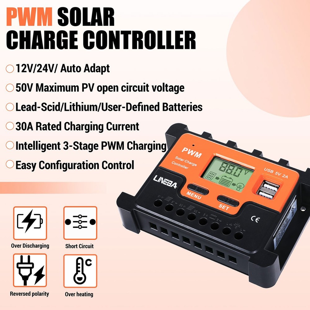 30-100A PWM Solar Panel Charge Controller Battery Regulator 12V 24V 36V 48V 2USB