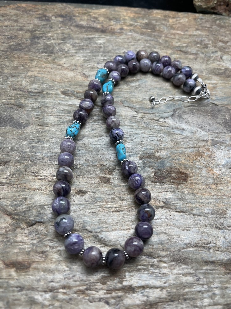 Sterling Silver Charoite Bead Necklace.
