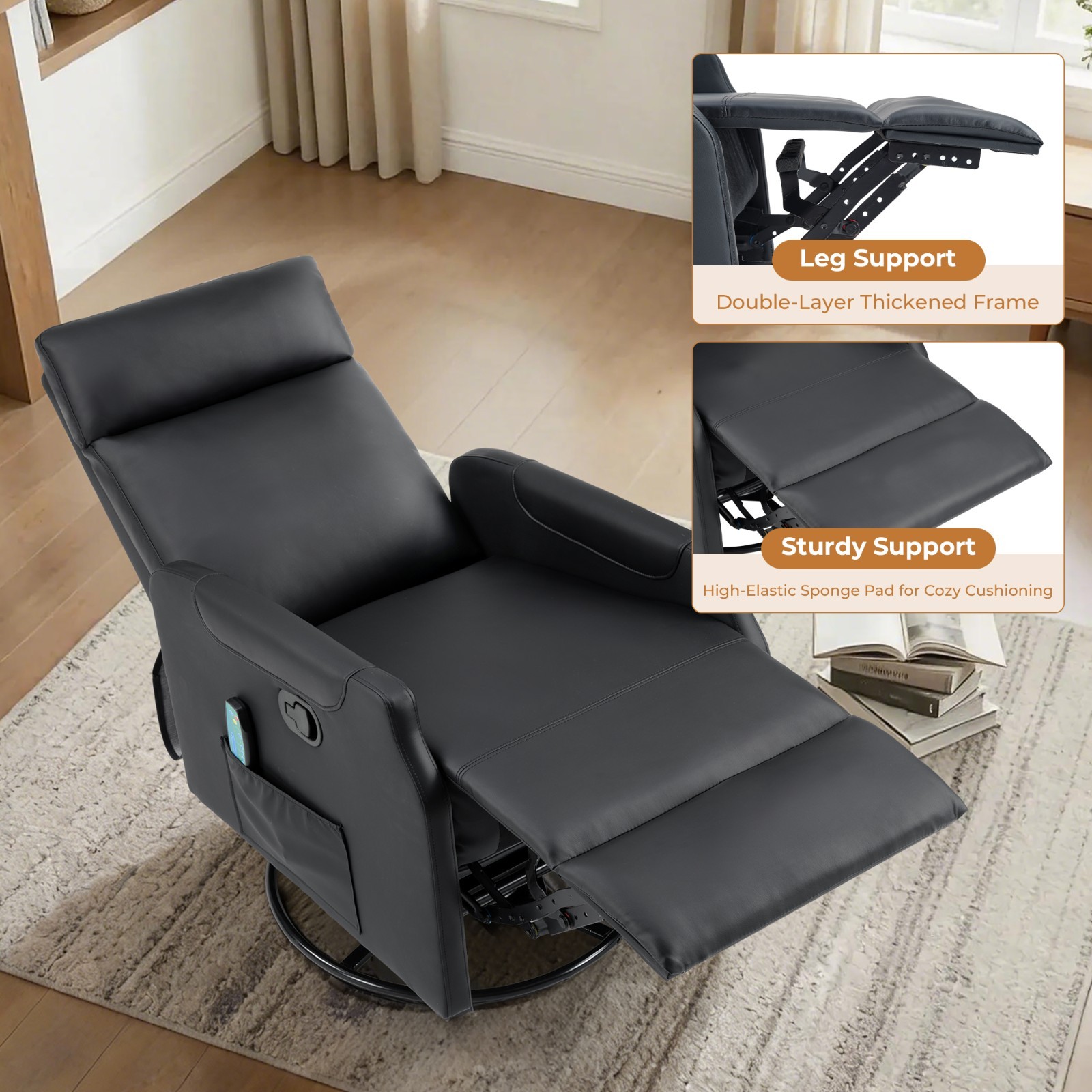 EBELLO Manual Swivel Recliner Chair with Massage & Heat, PU Leather Rocker Chair