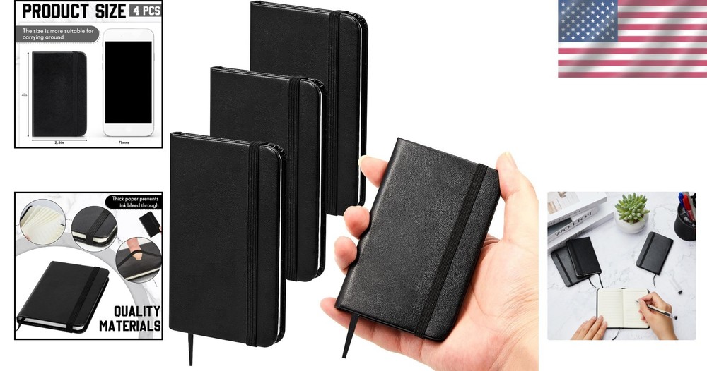 Compact 4-Pc Black Leather Notepad Set - 50 Pages Each for On-the-Go Notes
