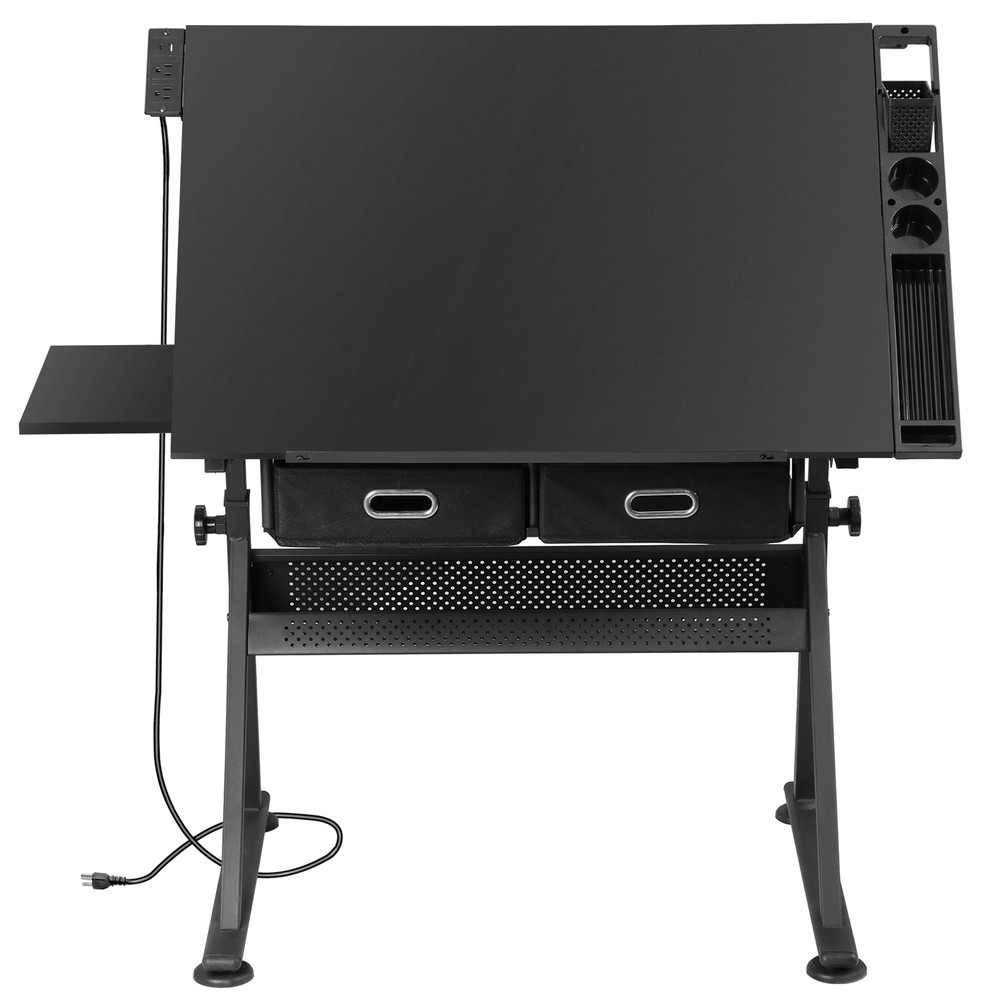 Adjustable Drafting Table & Stool Set Artist Desk with Charging Station Black