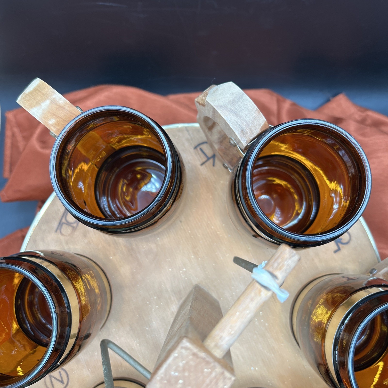 Vintage Siestaware Western / Wagon Wheel Bar Beverage Set with Caddy & Triangle