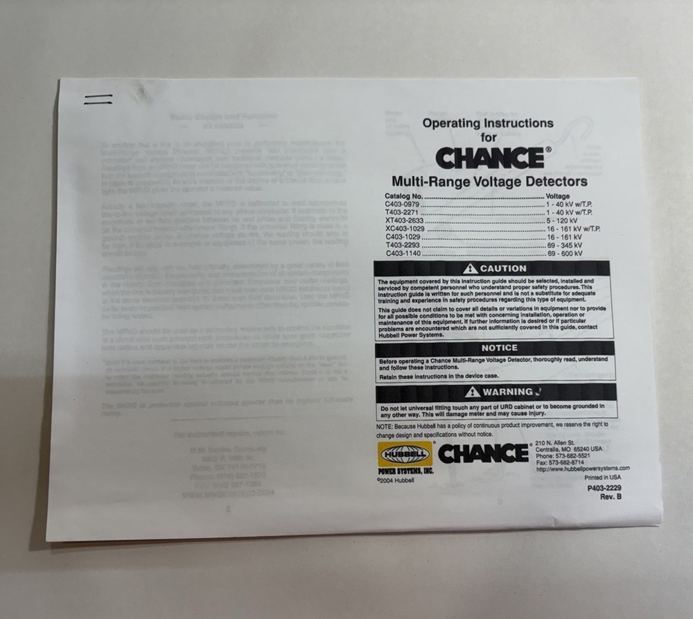 CHANCE Hubbell Multi-Range Voltage Indicator MRVI Tester Manual Guide Booklet