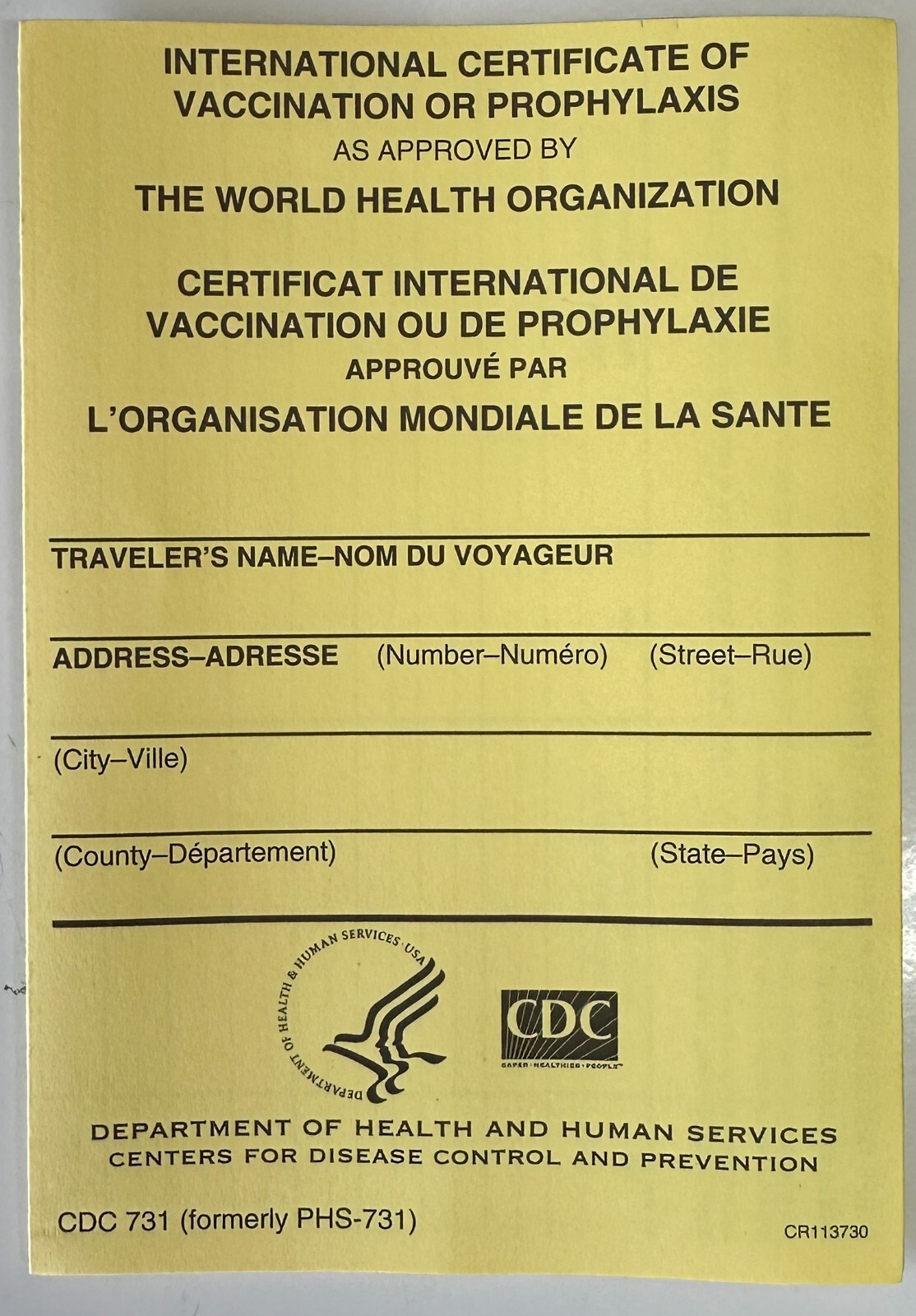 International Certificate of Vaccination or Prophylaxis Card