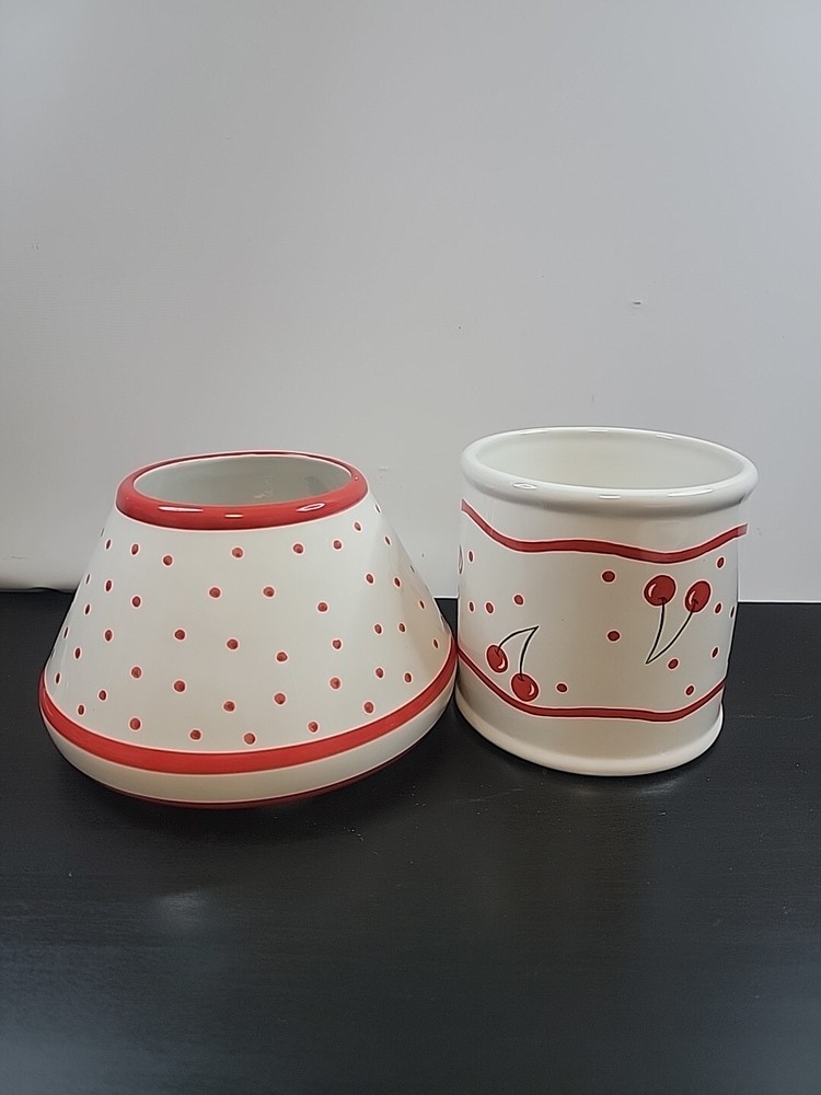 Blue Sky Ceramic Candle Lamp Cherries Red Polka-dots 2Pc Set