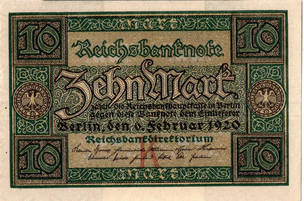 GERMAN BANKNOTE 10 P67a UNDERPRINT K 1920 aUNC