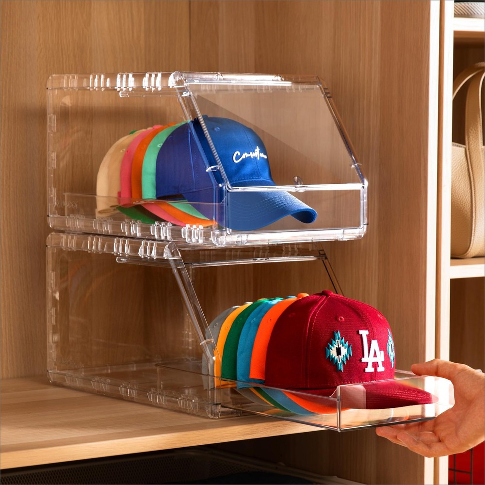 Ozueccr 2 Pack Hat Organizer for Baseball Caps – Stackable Clear Display Box wit