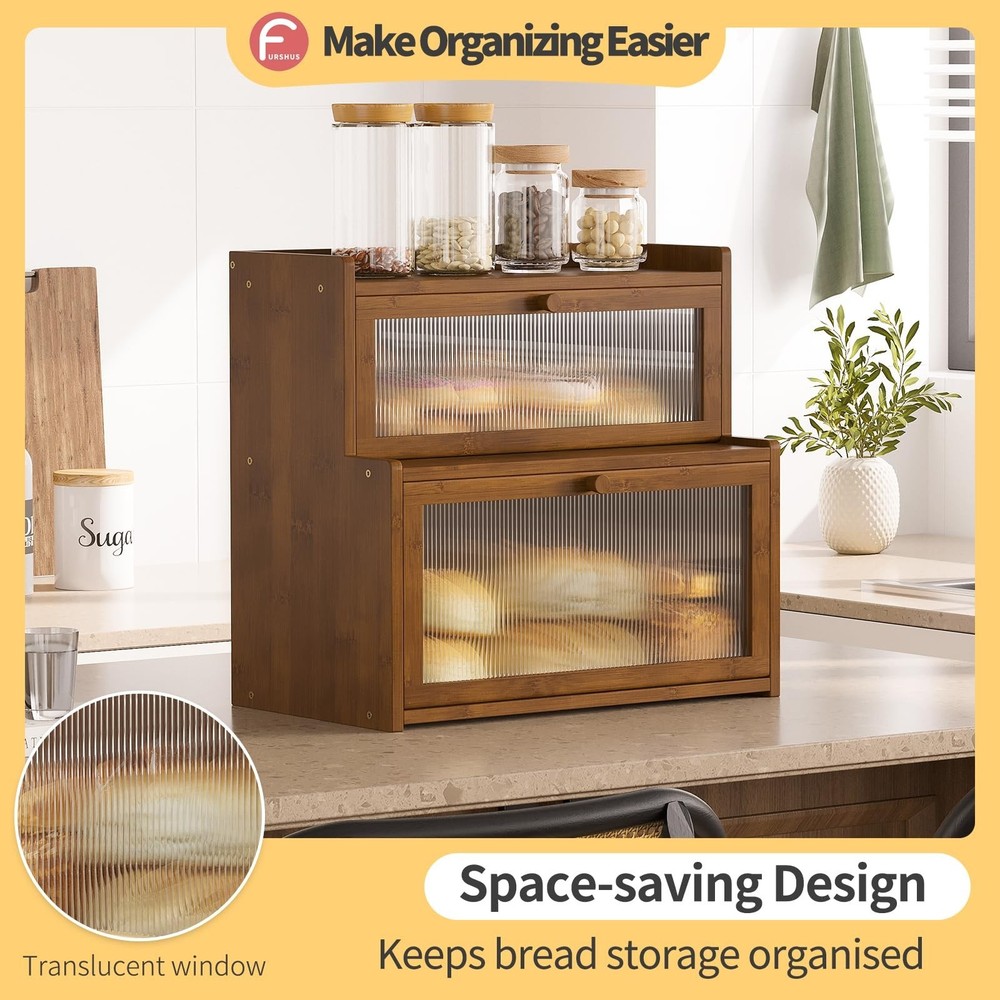 Double Layer Bamboo Bread Box for Kitchen Counter,Bread Holder,Countertop Bre...