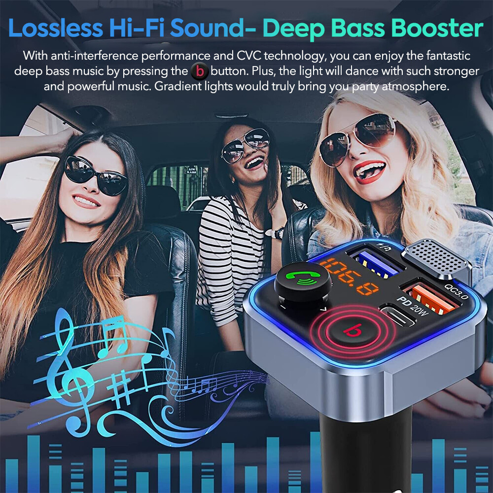 Bluetooth 5.0 Car Wireless FM Transmitter Adapter 2 USB Fast Charger Hands-Free