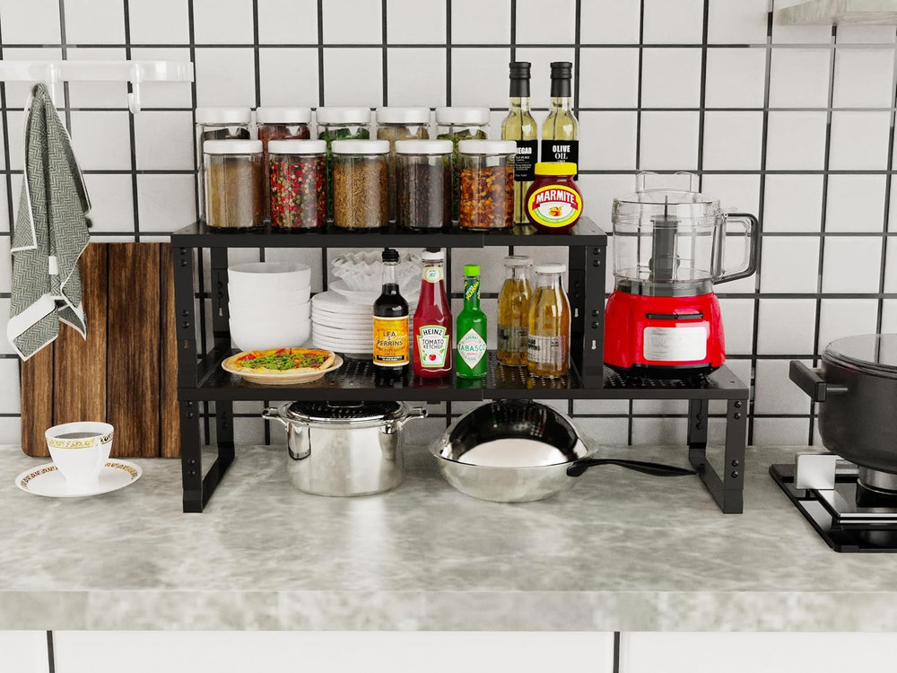 Expandable Stackable Spice Rack Organizer - 2 Pack (Large, Black)
