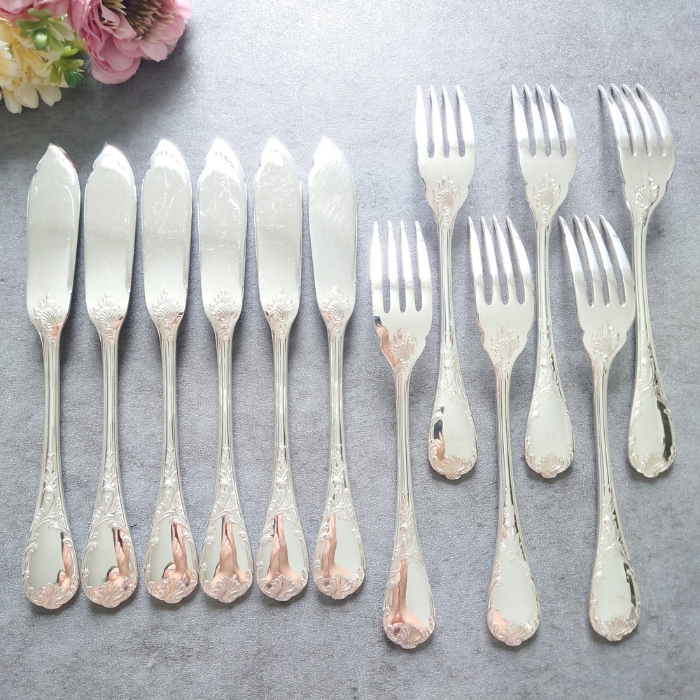 Christofle Marly 12pcs Silverplate Flatware Fish Knife Fork Excellent