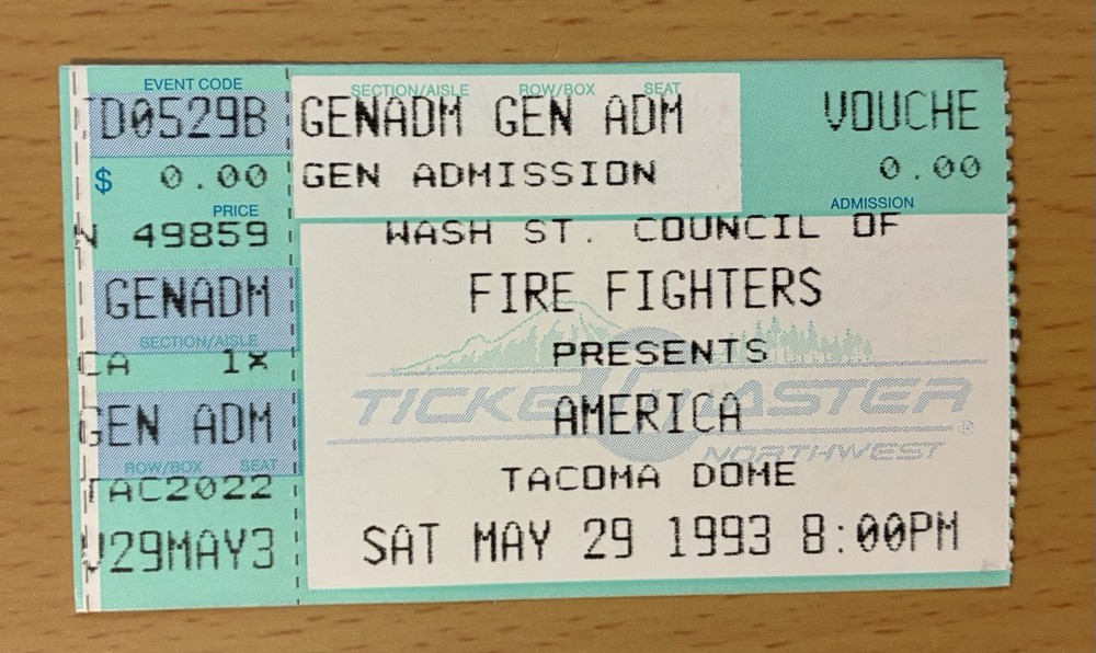 1993 AMERICA TACOMA WA CONCERT TICKET STUB SISTER GOLDEN HAIR HORSE WITH NO NAME