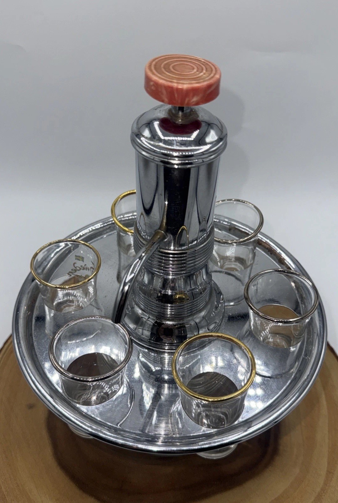 Vintage Liquor Dispenser Pump & Glass Decanter W/6 Shot Glasses W/Chrome Tray