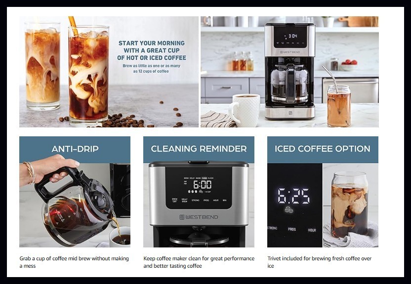 West Bend Drip Coffee Maker Brews Hot or Iced, Programmable with Brew Silver