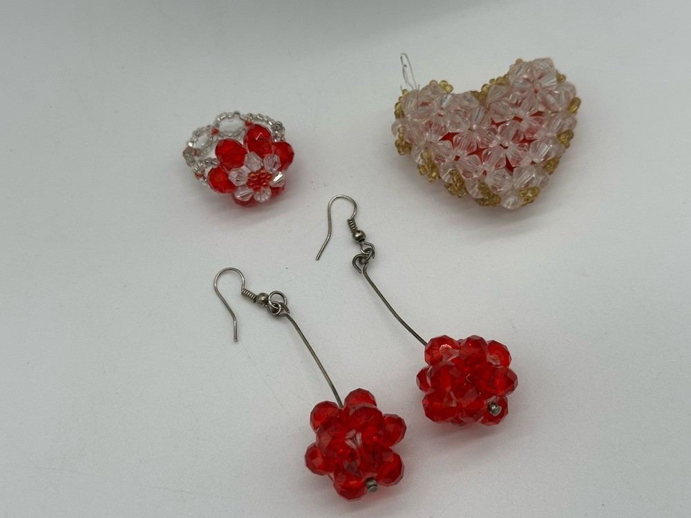 Handcrafted Red Beaded Earrings & Ring