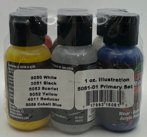 Createx Illustration Colors Water Based Acrylic Paint, Primary Set