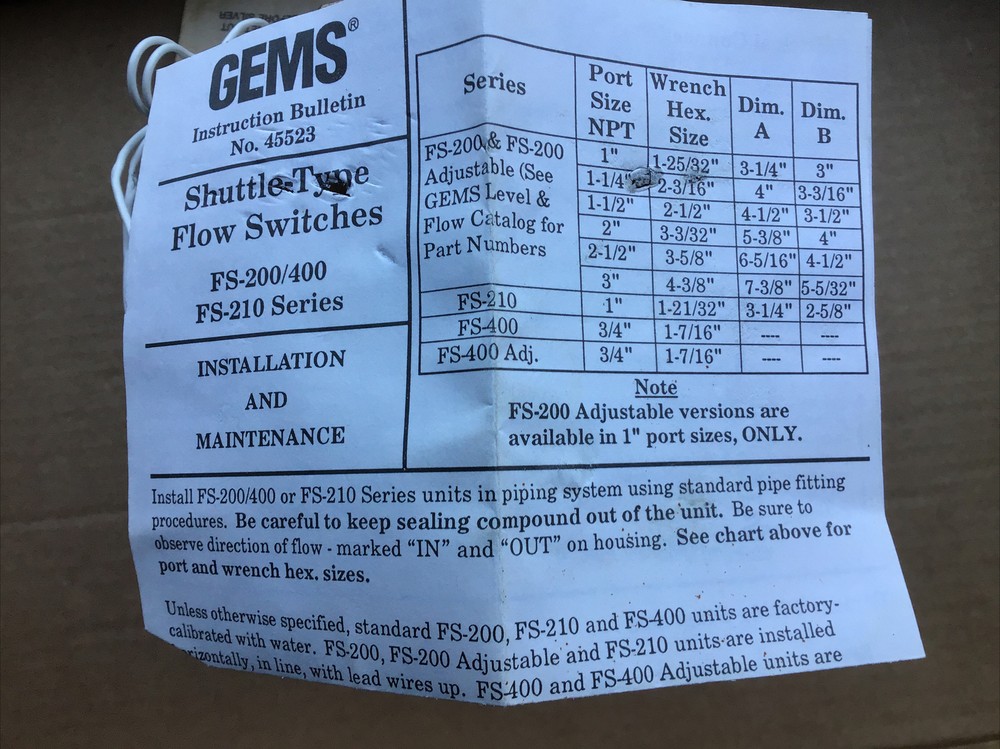 Gems Shuttle Type Flow Switch 53378 FS-250/U