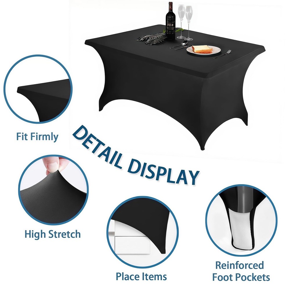 4FT Black Table Cloth - 2 Pack, Fitted Stretch Rectangle Spandex Tablecloth, ...