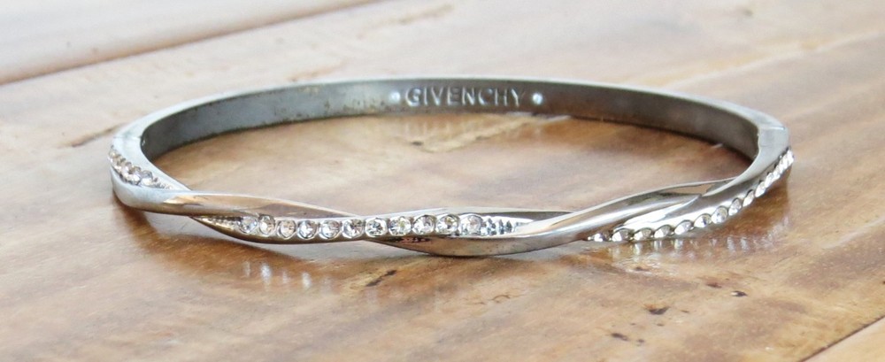 GIVENCHY Womens Silver Tone Crystal Hinged Bangle Bracelet Pave Rhinestone