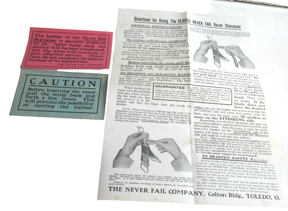 1890s CLAUSS NEVER FAIL RAZOR SHARPENER Toledo Ohio Paper work Instructions only