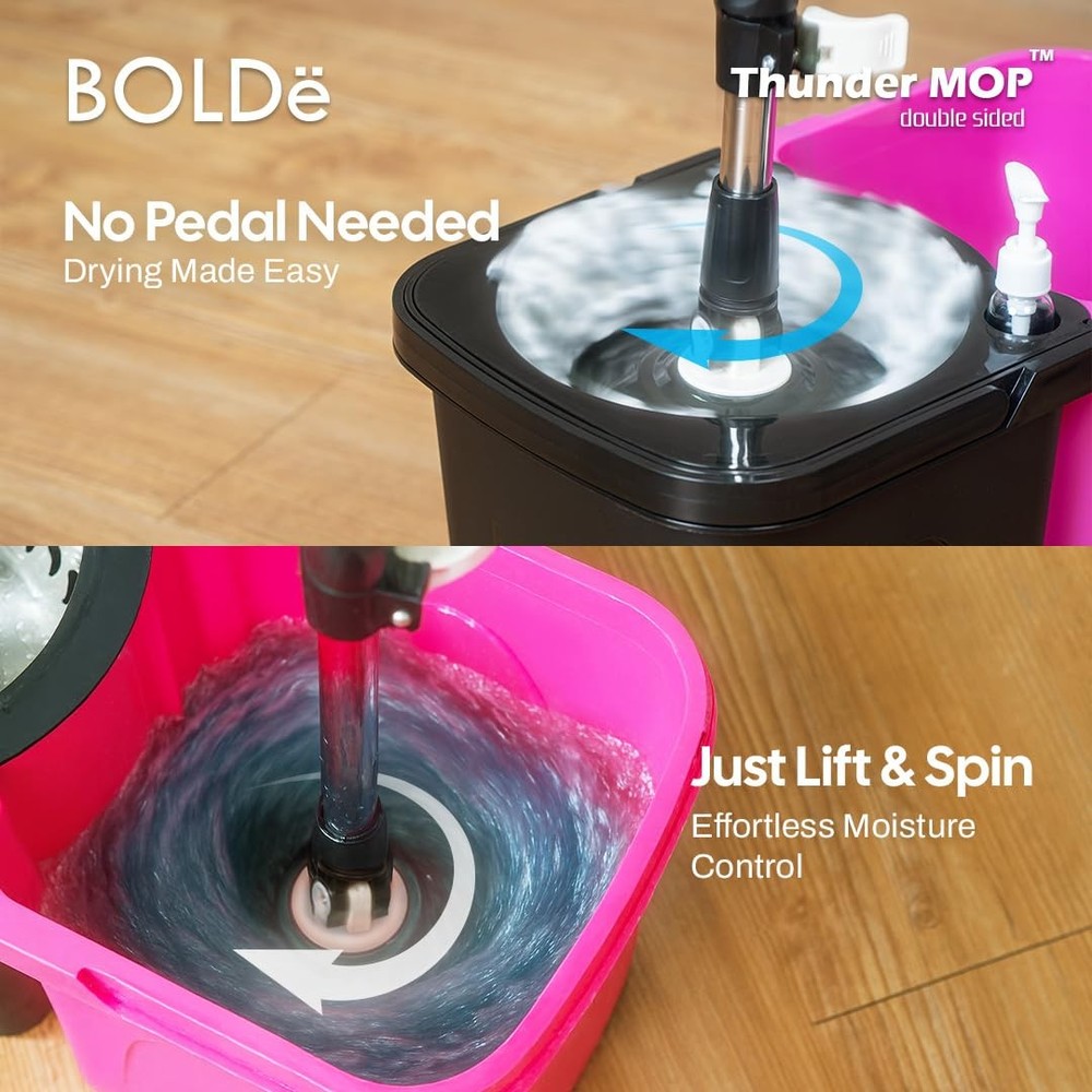 Thunder Mop Spin System - Double-Sided - 2 Compact Stackable 6L Buckets, Micr...