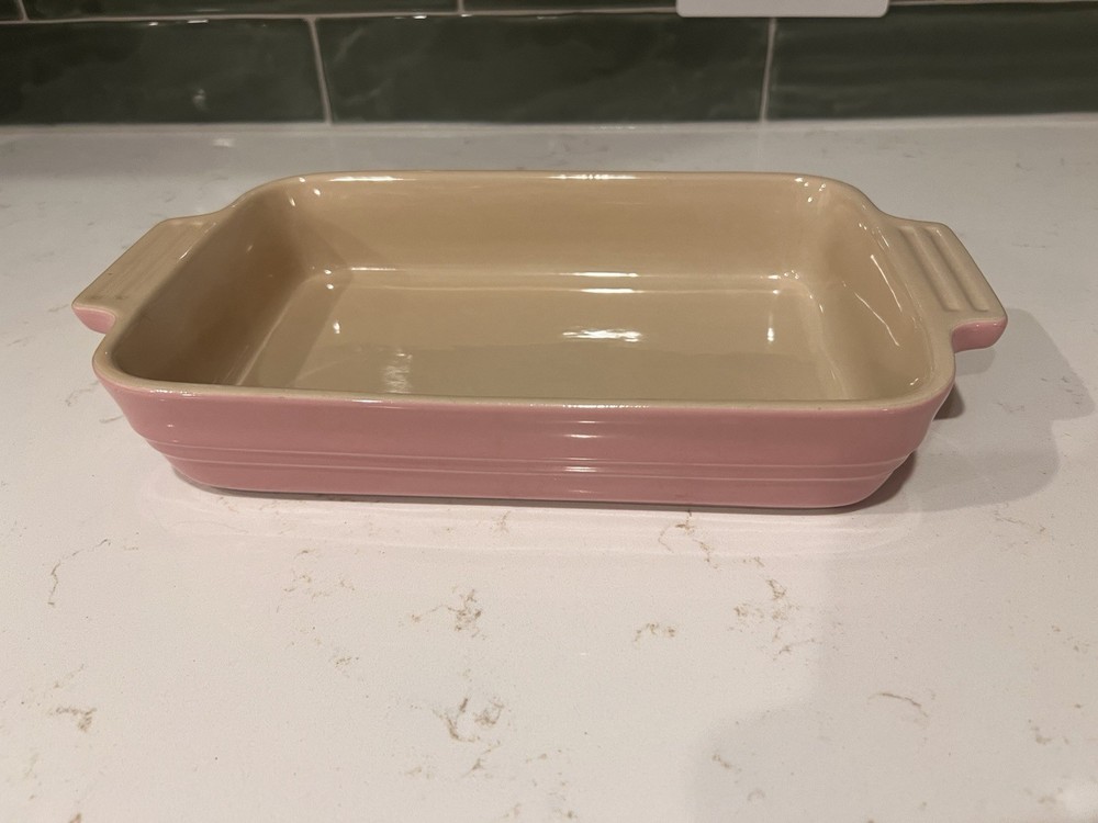 Le Creuset Ceramic Rectangle Baking Dish Pink Beige Dishwasher Safe