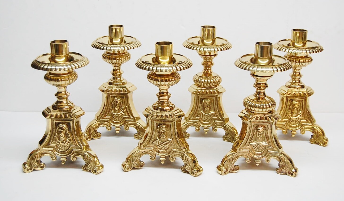 SET OF 6 SHORT 6" BRASS JMJ ALTAR CANDLE STICKS & ALTAR CROSS - 175sh