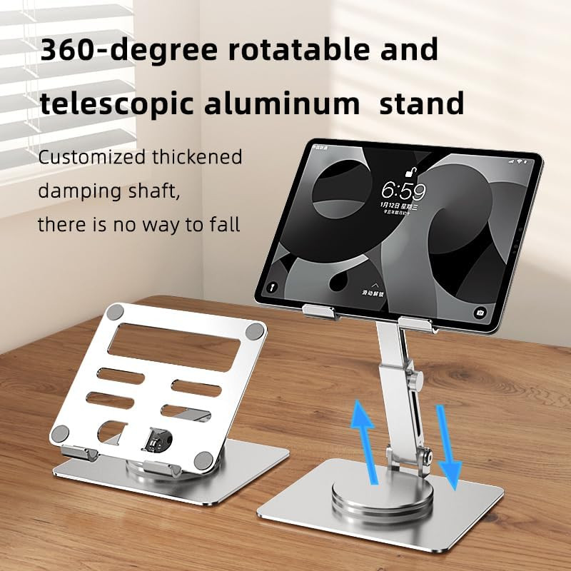 Tablet Stand for Desk, Adjustable Height & Swivel with 360° Rotating Base, Table