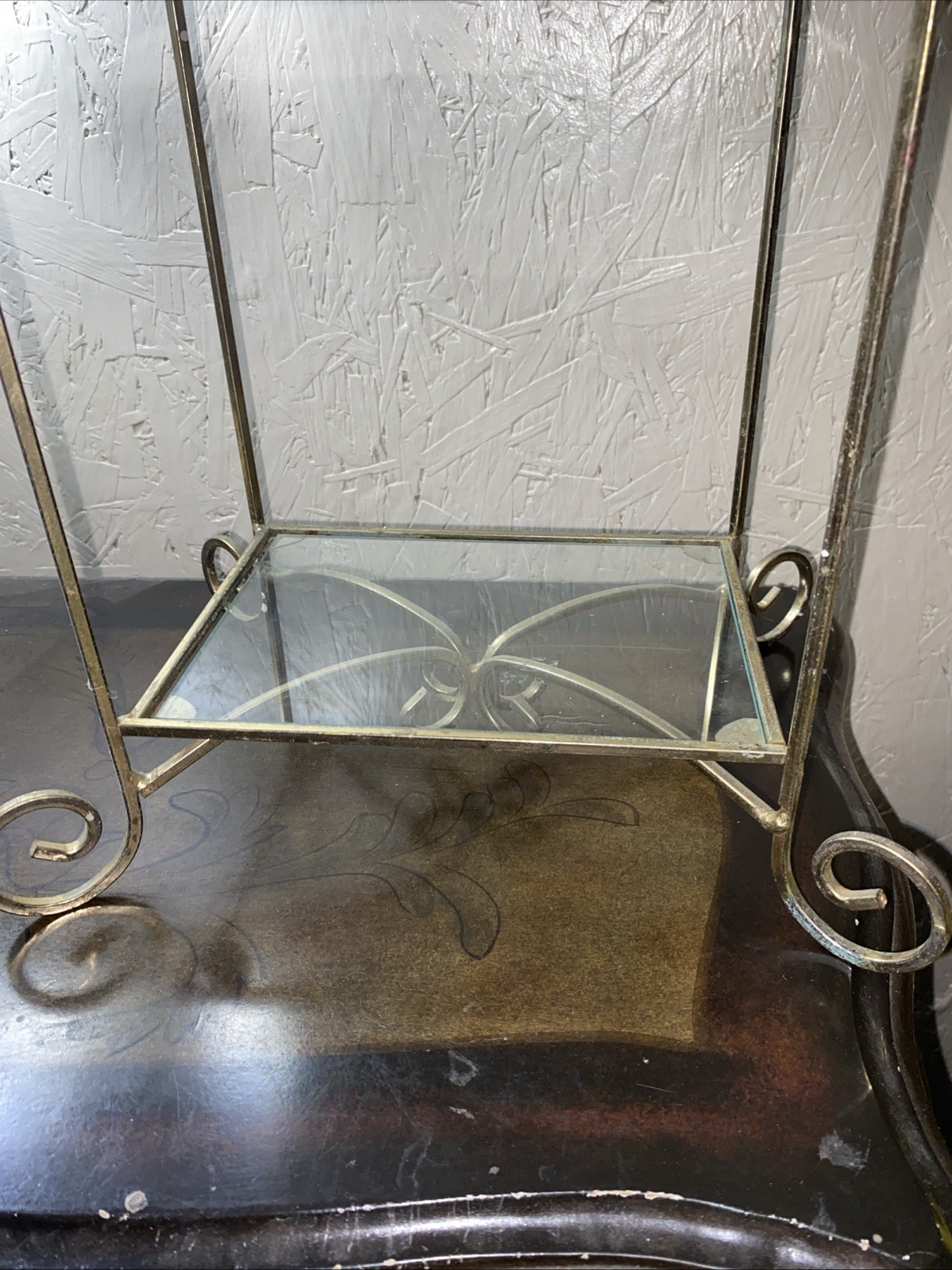 Vintage Two Tiered Shelf Brass Metal Frame With Two Glass Shelves Free Standing