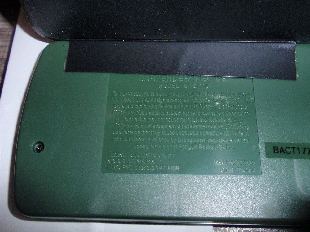 Franklin Electronic Handheld Bartender's Guide Model BTG-110 Unit With Manual