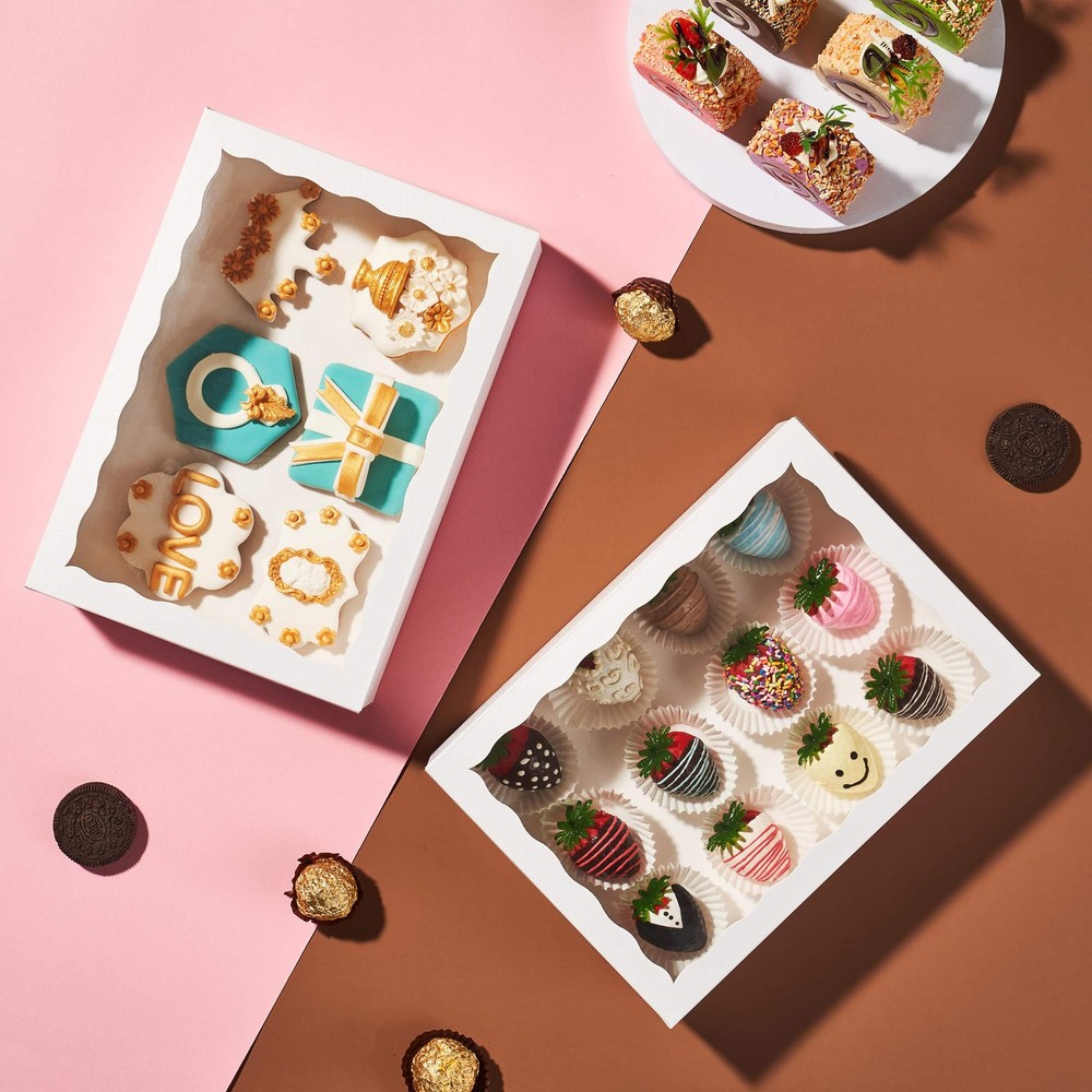 24PCS 10x7x2.5Inches White Bakery Boxes with Display Window, Multi-Use Desser...