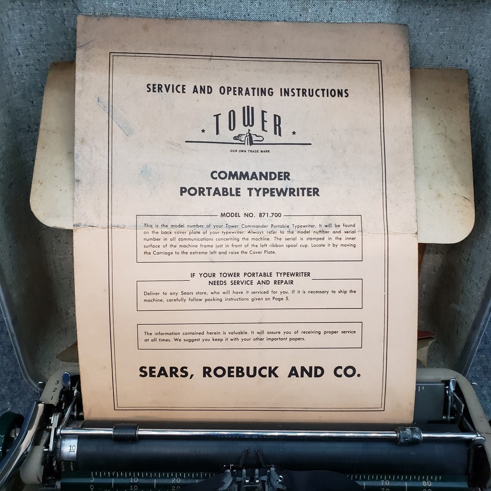 VTG Sears Roebuck Tower Commander Typewriter 871.700 with paperwork / case