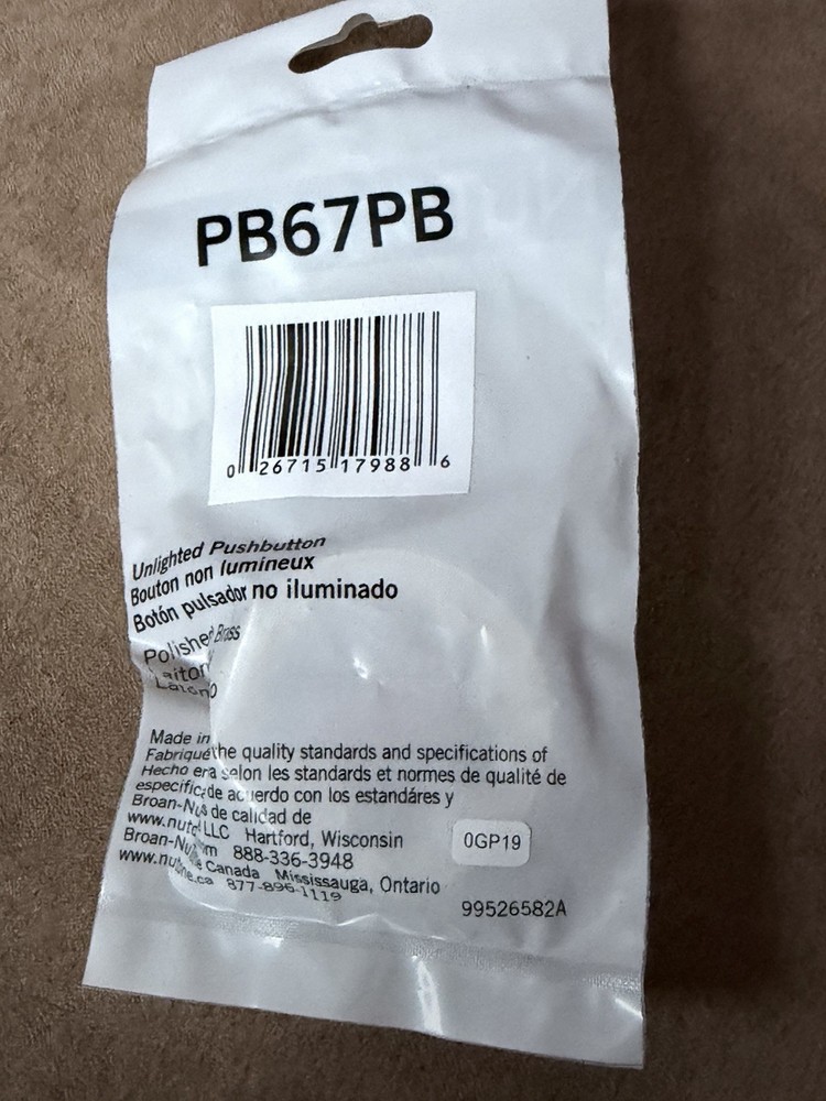 NuTone PB67PB Polished Brass Push Button Doorbell Classic