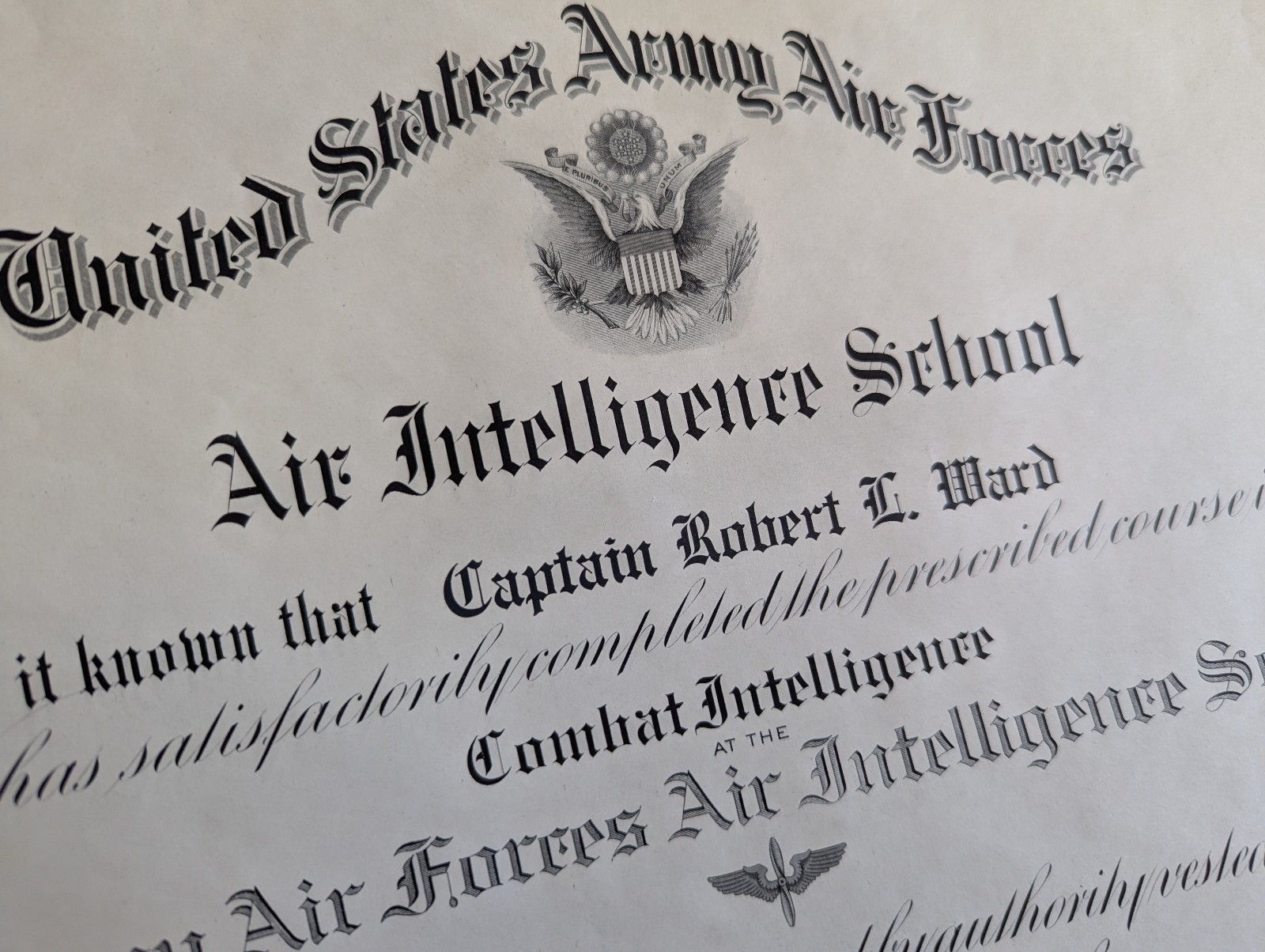 WWII USAF Capt Robert L Ward Air Intelligence School 1942 certificate 12 x 15 in