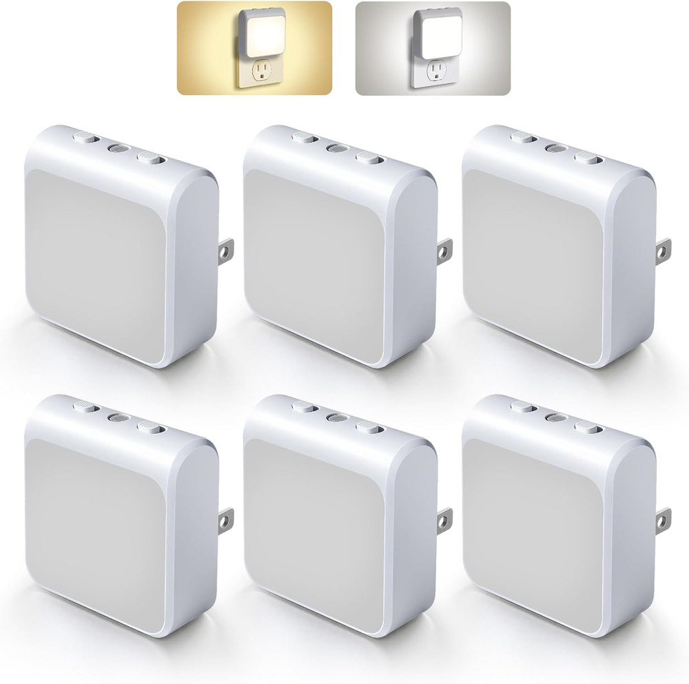 6-Pack Dimmable LED Night Lights Plug into Wall with Dusk to Dawn Sensor, 2 Colo