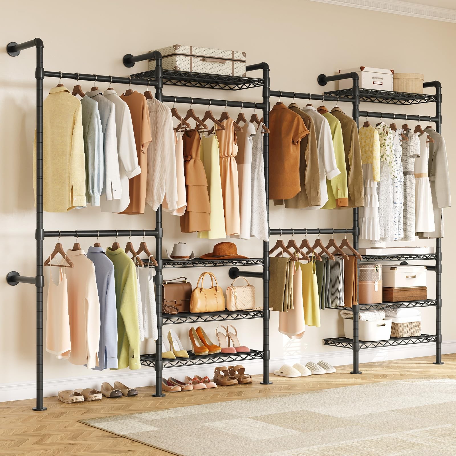L4 Wall Mounted Industrial Pipe Clothing Rack, Closet Organizer System