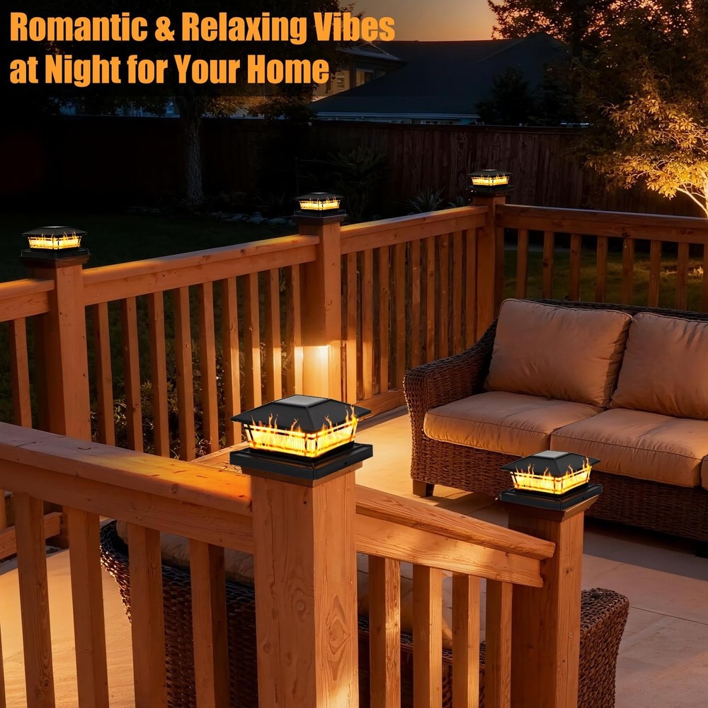 8 Pack Solar Flame Post Cap Lights, Flickering Flame & Warm Light Fence Post ...