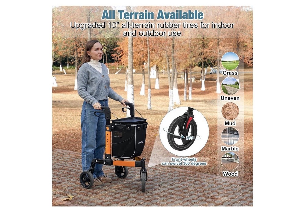 Rollator Walker All Terrain 10“Front 3 Wheel w Tray&Large Storage Bag Foldable