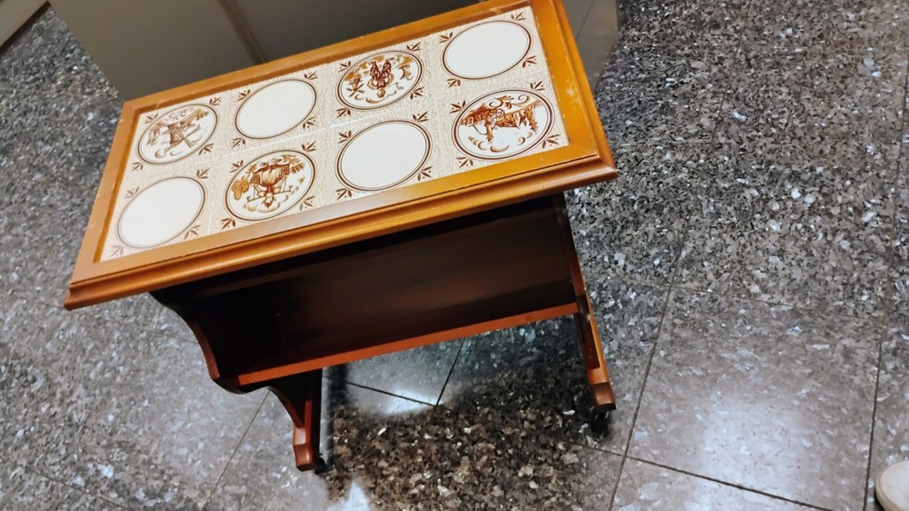 ANTIQUE WALNUT AND PINE TOP MAGAZINE RACK END TABLE On WHEELS.