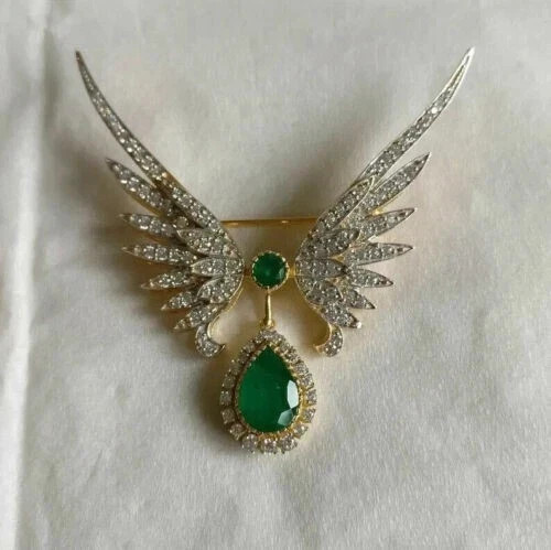 Natural Green Emerald 5CT Pear Cut Women's Brooch Pin 14K Yellow Gold Plated