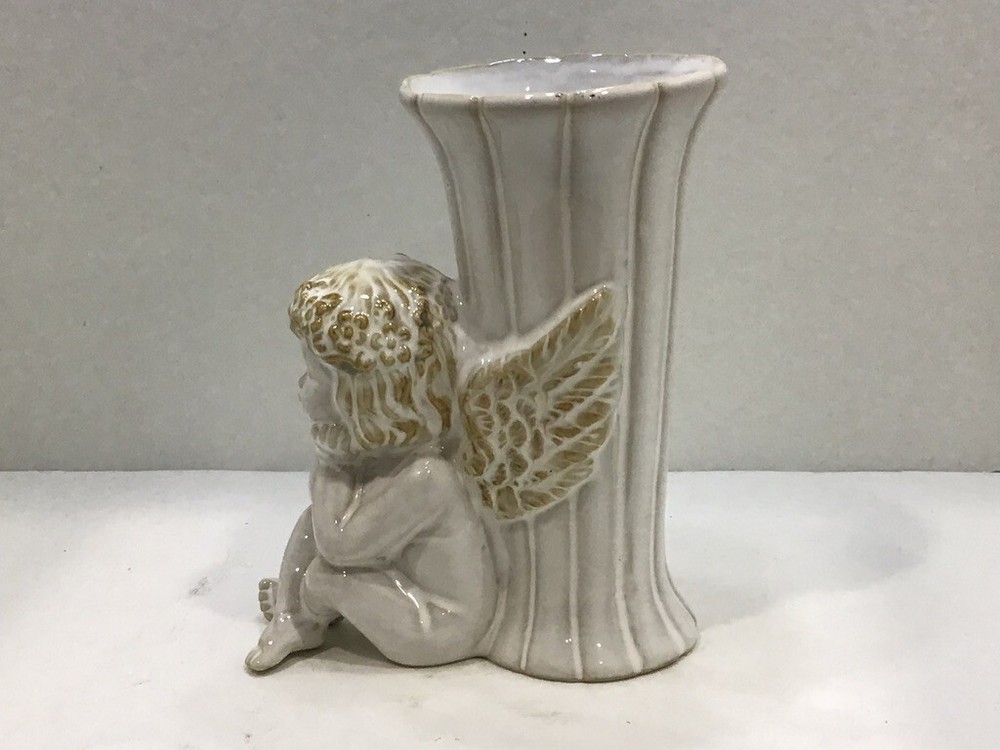 Sitting Winged Cherub White Ceramic Vase