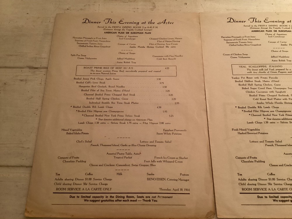 Three 1964 Dinner at the Aztec Restaurant Menus