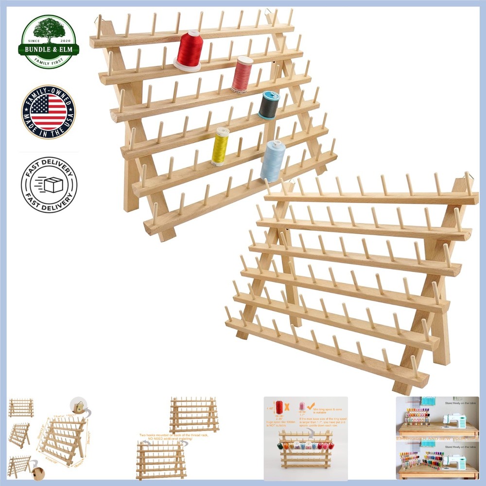 Wooden Thread Rack Organizer for 120 Spools with Adjustable Wall Mount Hooks
