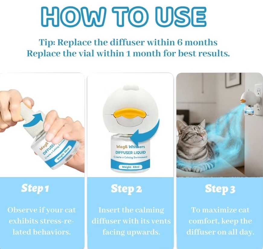 Wags & Whiskers Cat Diffuser Kit Calming 30 Days Reduce Marking/Destructive Beha