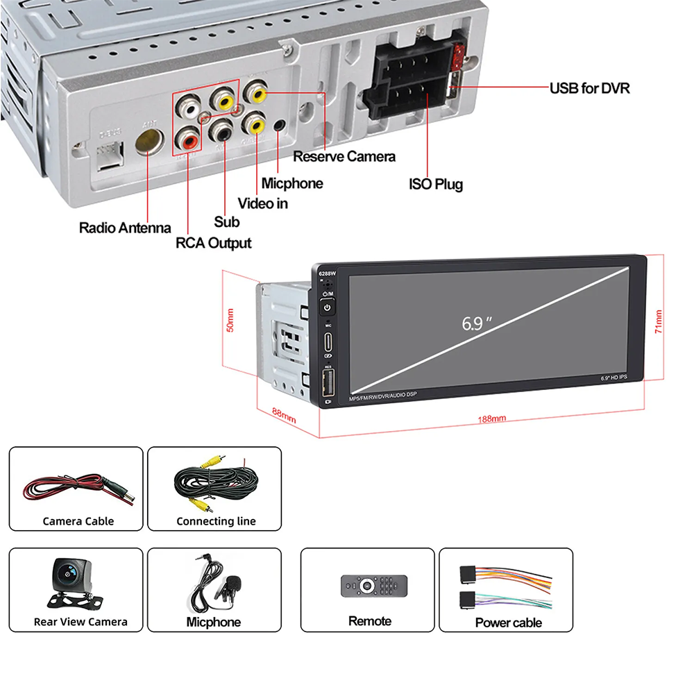 Single Din Car Stereo Wireless Apple Carplay 6.9 Touchscreen Bluetooth Radio Usb
